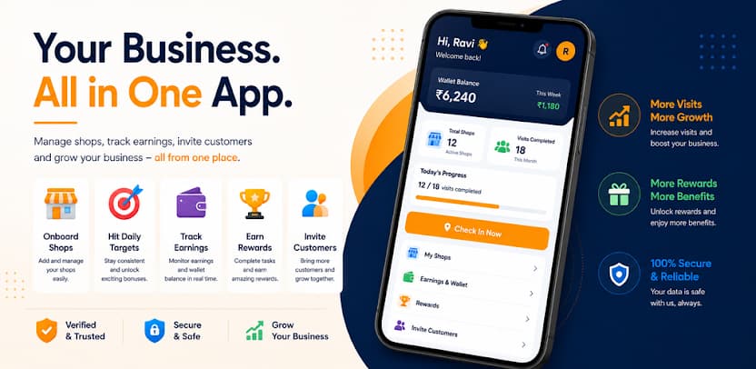 Good Business Shopkeeper app dashboard showing wallet balance, visits, and customer tools