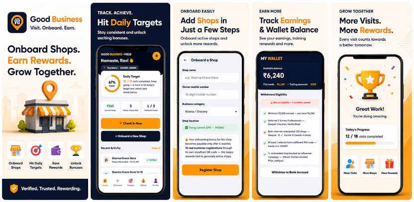 Good Business Field app screens showing daily visit targets, shop onboarding, and wallet balance